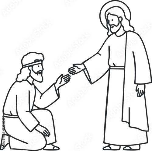 A depiction of Jesus Christ reaching out to a kneeling figure in outline vector style, suitable for religious and spiritual themes