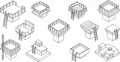 A collection of isometric building structures with ladders in minimalist line art vector style, ideal for architectural design projects