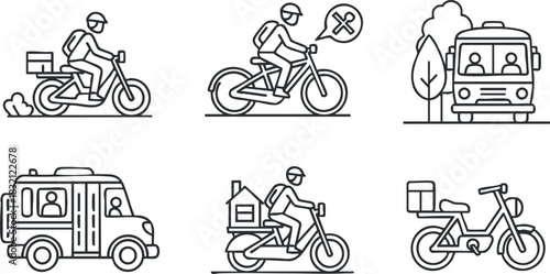 A collection of delivery and transportation icons featuring bicycles, delivery vans, and service vehicles in clean outline vector style, suitable for logistics and urban service designs