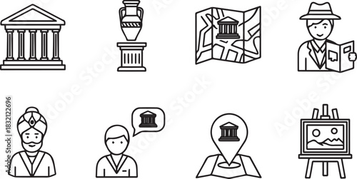 Collection of Cultural and Historical Icons Depicting Museum and Art Related Concepts.