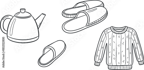 A collection of cozy home items including a kettle, slippers, and a knitted sweater in black and white line art style, perfect for lifestyle branding and home decor projects
