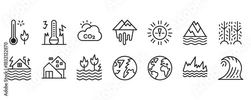 Urgent climate change icons showing global warming effects like floods, wildfires, melting glaciers, and rising temperatures in outline style