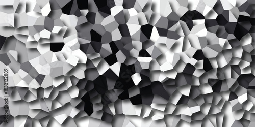 Abstract mosaic pattern with irregular geometric shapes in shades of gray and white creating a textured, fragmented background effect with subtle shadows and highlights