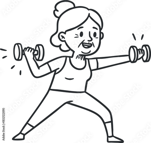 A woman exercising with dumbbells in a playful outline style, perfect for fitness and wellness projects