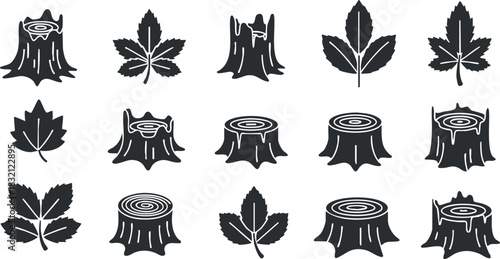A collection of tree stumps and leaves in black and white minimalist vector style, ideal for nature-themed designs