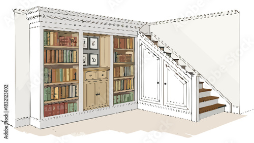 Elegant home library and staircase design offers organization and storage solutions, creating a cozy reading nook for your home, a space for book lovers