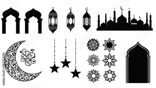 A collection of black silhouette vectors featuring Islamic architectural elements, lanterns, crescent moon, stars, and geometric patterns, ideal for Ramadan and Eid decorations.