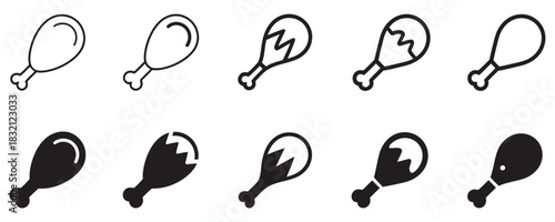 Crispy fried chicken leg icons for restaurant menu or fast food promo materials, vector illustrations for mouthwatering food designs and promotions