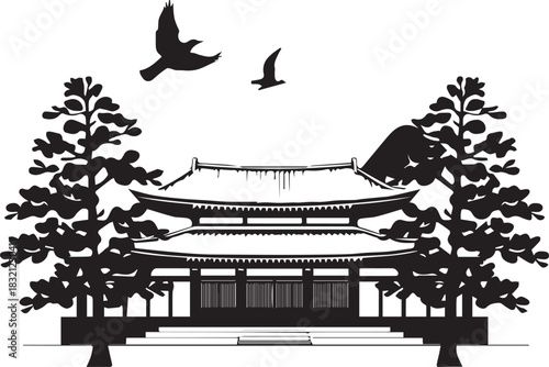 Serene Temple Silhouette: A tranquil temple, set against a backdrop of soaring birds, flanked by symmetrical trees. Capturing the peace and order of an elegant architectural marvel.