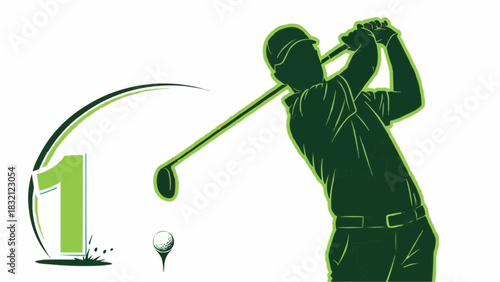 Vector cartoon illustration of people and character art featuring a man playing golf and a man with a sword, alongside a woman in a business setting