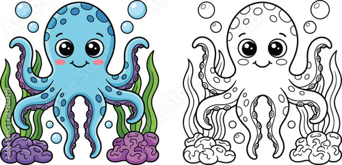 Cute cartoon octopus vector illustration with black and white outline for children coloring book page and underwater design
