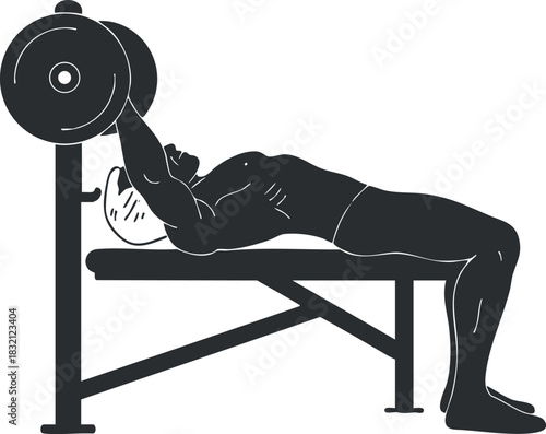 A muscular man performing a bench press with a barbell in a minimalist black and white vector style, suitable for fitness and gym-related projects