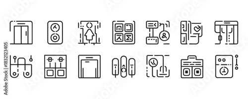 Elevator and lift vector icon set offering modern transportation solutions, accessibility options, and building infrastructure features for design projects