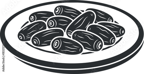 A plate of dates in black and white minimalist vector style, ideal for healthy food packaging and menu design