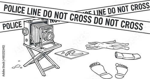 A vintage camera on a tripod beside a police line with footprints and handprints in black and white outline vector style, suitable for crime scene illustrations