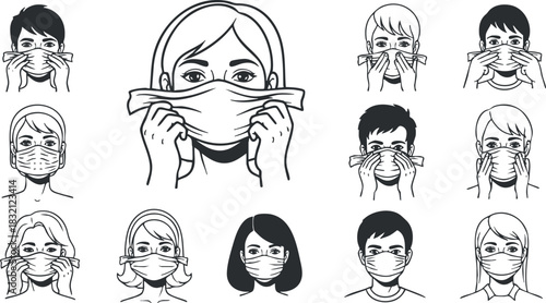 A collection of diverse characters demonstrating the proper use of face masks in outline vector style, suitable for health awareness campaigns