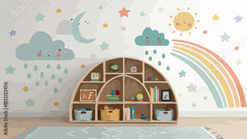 Delightful kids' room decor with rainbow, stars, moon, clouds, and playful bookcase filled with toys and books, perfect for children's designs