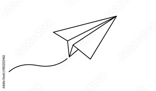 Simple paper airplane ascending with trailing line art in black and white minimalist design featuring a clean silhouette