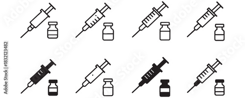 Medical syringe and vaccine vials icons for healthcare projects, offering a clean, modern design for websites and applications, promoting health awareness