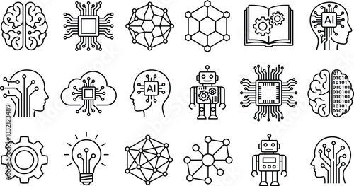 Artificial intelligence and machine learning line icons, vector set of technology, neural network, robotics, brain circuit, digital data, automation, and innovation symbols