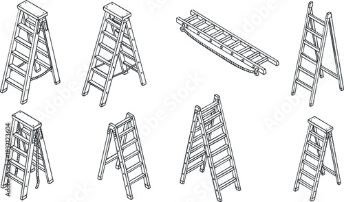 A collection of various ladders including step ladders and extension ladders in clean black and white outline vector style, suitable for construction and home improvement projects