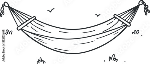 A minimalist line art illustration of a hammock hanging between two trees in a natural outdoor setting, perfect for relaxation and leisure-themed designs
