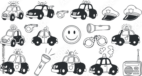 A collection of playful police-themed icons including cars, a whistle, flashlight, smiley face, and radio in black and white outline vector style, perfect for children's educational materials