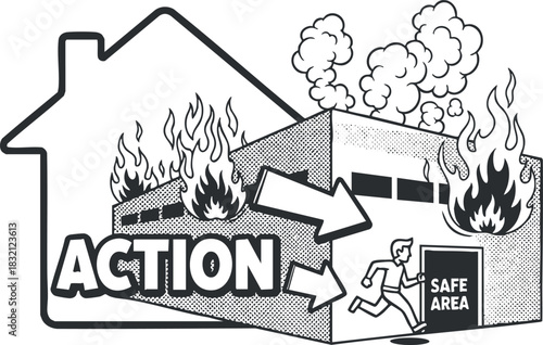 A fire safety illustration depicting a house with flames and smoke, emphasizing an evacuation action towards a safe area in black and white vector style, suitable for emergency preparedness materials