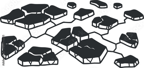 A collection of geometric rocks and stones in black and white outline vector style, ideal for nature-themed designs