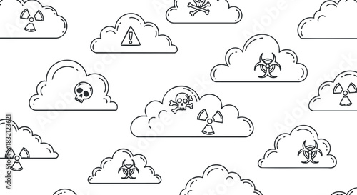 A collection of warning symbols including toxic clouds, skulls, and hazard signs in a minimalist black outline vector style, suitable for environmental safety designs
