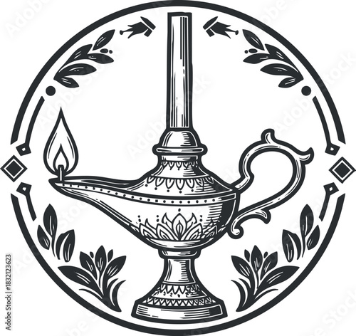 A decorative oil lamp with a flame and intricate design in black and white vintage style, ideal for artistic and cultural projects