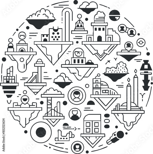 A collection of floating islands with various architectural structures and clouds in a minimalist black and white vector style, ideal for fantasy or travel-themed projects