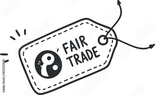 A fair trade tag with a unique symbol in black and white minimalist vector style, perfect for ethical product branding