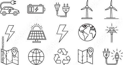 Collection of renewable energy and sustainability icons in outline style.