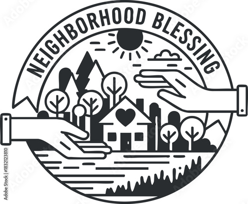 A neighborhood blessing emblem featuring hands, a house, trees, and mountains in a black and white outline vector style, ideal for community initiatives and wellness programs