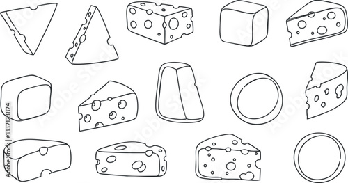 A collection of various cheese types in outline vector style, perfect for food-related designs and menus