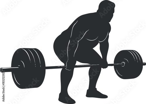 A person lifting a heavy barbell in a strong silhouette illustration, showcasing strength training in minimalist vector style, ideal for fitness and gym-related designs