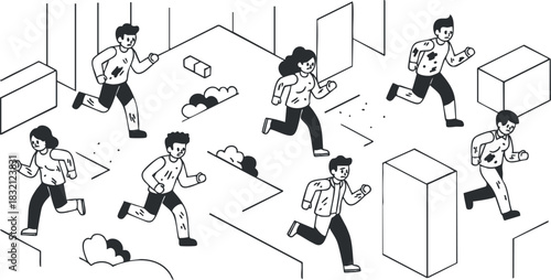A group of people running in a black and white vector style illustration, ideal for fitness and activity-themed projects