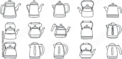 A set of outline illustrations of various kettles and teapots in black and white minimalist vector style, ideal for kitchenware branding
