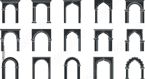 A collection of various decorative arches and doorways in black and white vector style, suitable for architectural designs and illustrations.