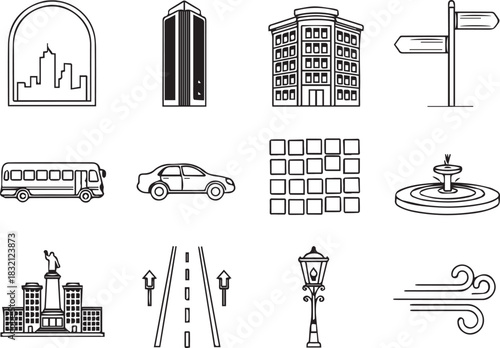 Collection of Urban Icons Representing City Life and Infrastructure.