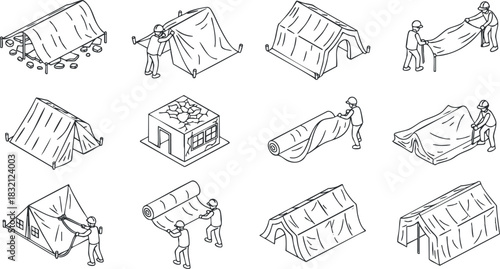 A collection of outdoor tents with people setting them up in minimalist line vector style, ideal for camping and adventure illustrations