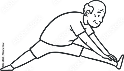 An elderly man performing a stretching exercise in a simple black and white outline vector style, ideal for fitness and health-related projects