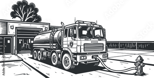 A water truck connected to a fire hydrant in black and white line art style, perfect for transportation and emergency service illustrations