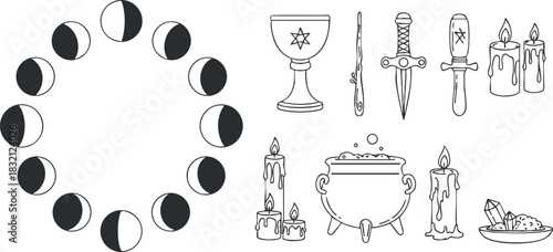 A collection of moon phases, a cauldron, candles, and magical symbols in flat black and white vector style, ideal for witchcraft and occult themes