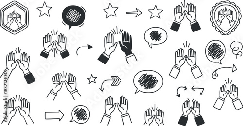 A collection of clapping hands, applause gestures, and communication symbols in black and white vector style, ideal for social media and event design