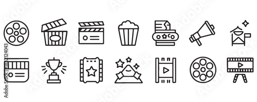 Lights camera action icons for film festival promotion and movie production projects, cinematic icons for creative video design and marketing