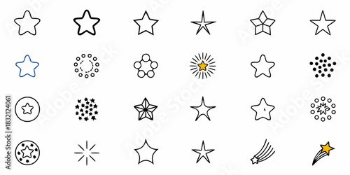 Collection of diverse star icons and symbols in various styles and designs