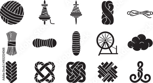 Collection of Yarn and Fiber Art Icons in Black and White.