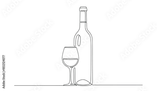 Elegant wine bottle and glass continuous line art illustration minimalist design for wine lovers black and white silhouette